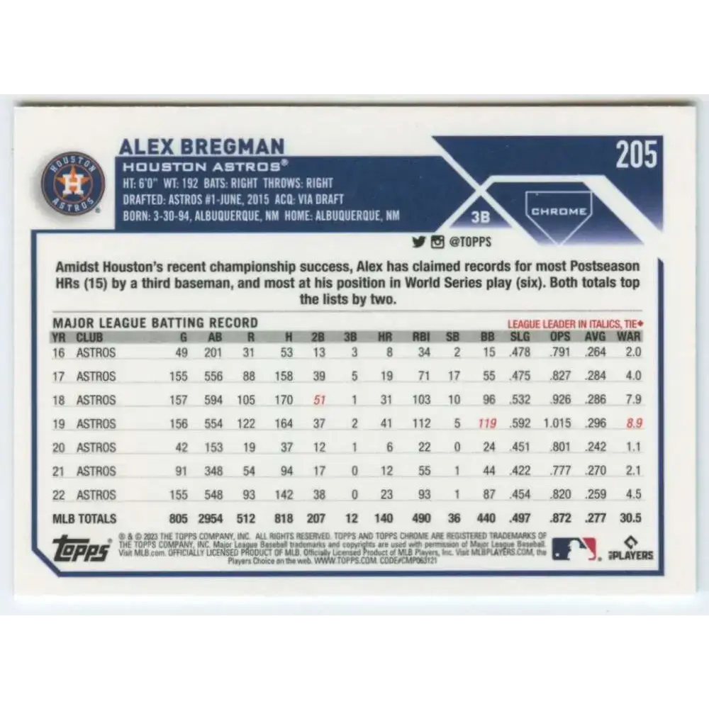 2023 Topps Chrome #205 Alex Bregman NM-MT Houston Astros Baseball Card - Baseball Card Single