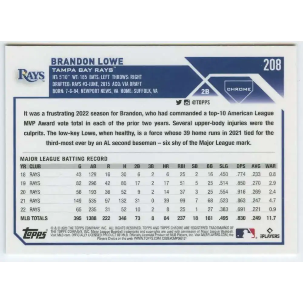 2023 Topps Chrome #208 Brandon Lowe NM-MT Tampa Bay Rays Baseball Card - Baseball Card Single