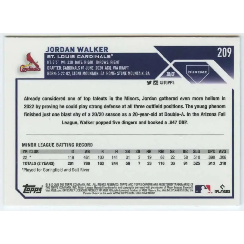 2023 Topps Chrome #209 Jordan Walker NM-MT RC Rookie St. Louis Cardinals Baseball Card - Baseball Card Single