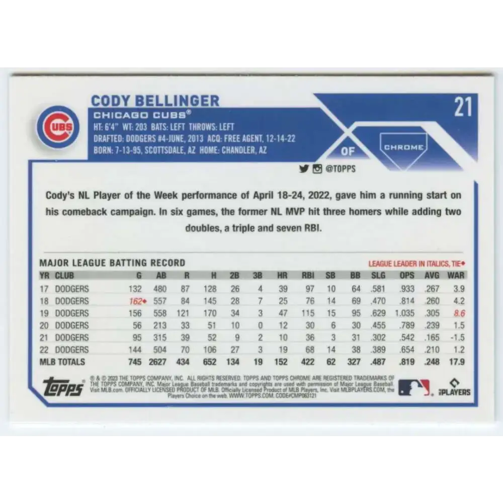 2023 Topps Chrome #21 Cody Bellinger NM-MT Chicago Cubs Baseball Card - Baseball Card Single