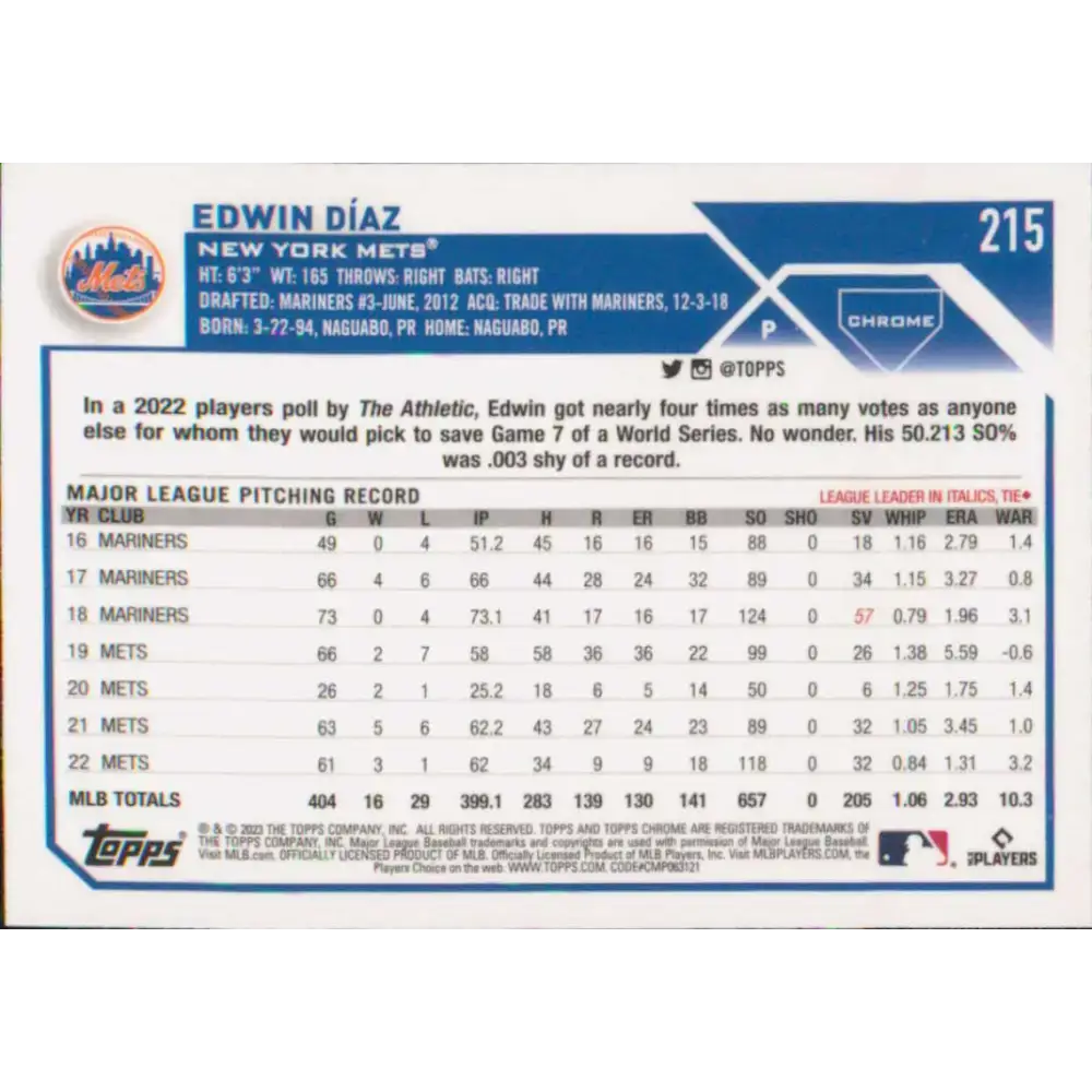 2023 Topps Chrome #215 Edwin Diaz NM-MT New York Mets Baseball Card - Baseball Card Single
