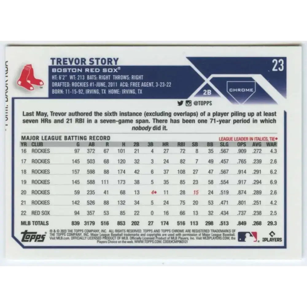 2023 Topps Chrome #23 Trevor Story NM-MT Boston Red Sox Baseball Card - Baseball Card Single