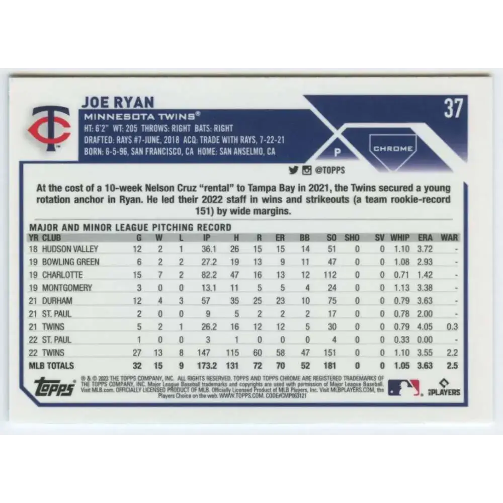 2023 Topps Chrome #37 Joe Ryan NM-MT Minnesota Twins Baseball Card - Baseball Card Single