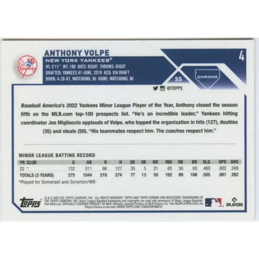 2023 Topps Chrome #4 Anthony Volpe NM-MT RC Rookie New York Yankees Baseball Card - Baseball Card Single