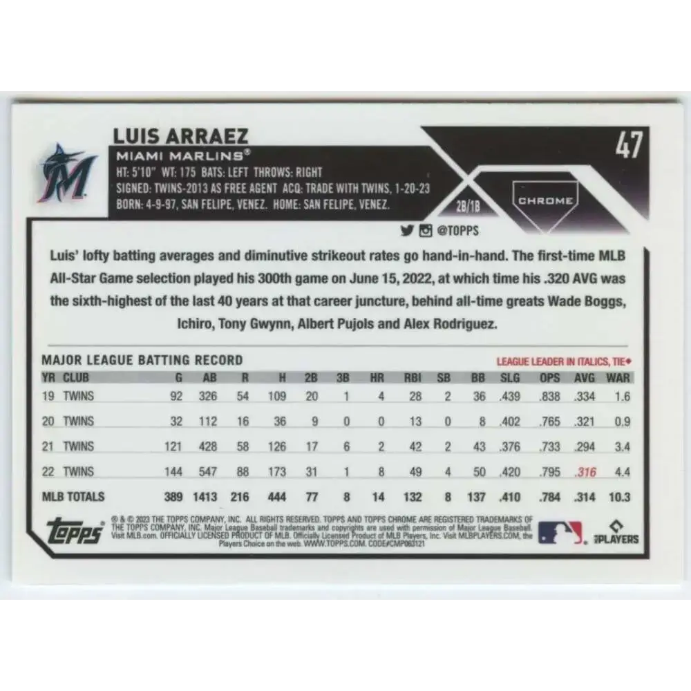 2023 Topps Chrome #47 Luis Arraez NM-MT Miami Marlins Baseball Card - Baseball Card Single