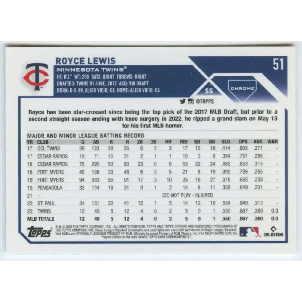 2023 Topps Chrome #51 Royce Lewis NM-MT Minnesota Twins Baseball Card - Baseball Card Single