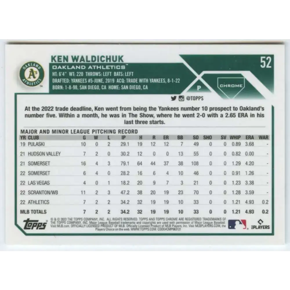 2023 Topps Chrome #52 Ken Waldichuk NM-MT RC Rookie Oakland Athletics Baseball Card - Baseball Card Single