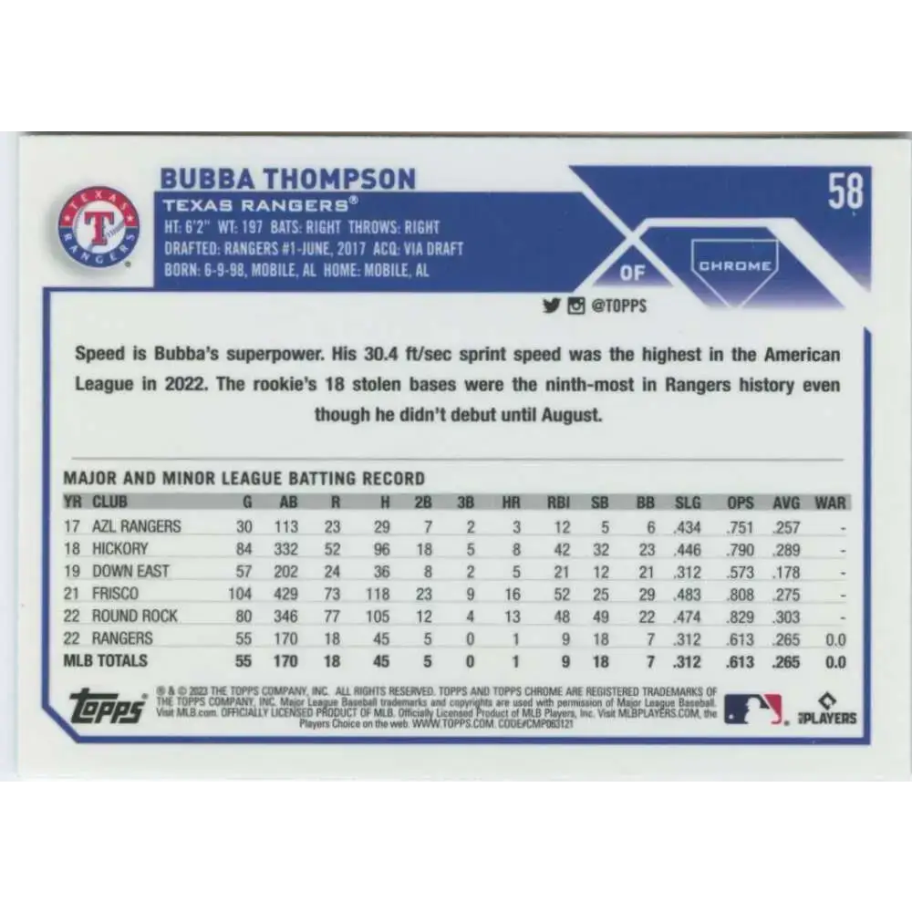 2023 Topps Chrome #58 Bubba Thompson NM-MT RC Rookie Texas Rangers Baseball Card - Baseball Card Single