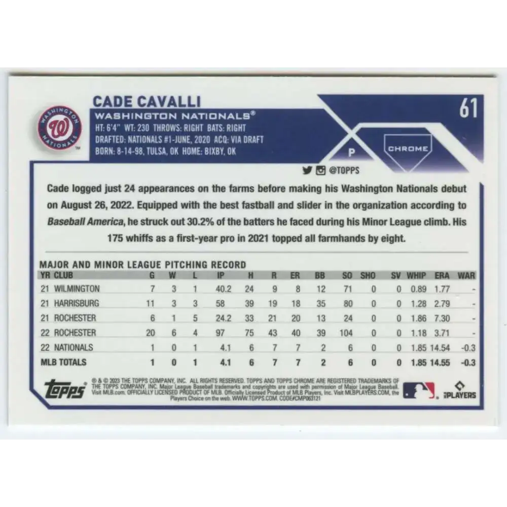 2023 Topps Chrome #61 Cade Cavalli NM-MT RC Rookie Washington Nationals Baseball Card - Baseball Card Single