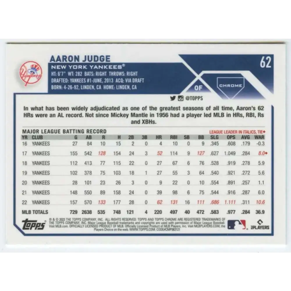 2023 Topps Chrome #62 Aaron Judge NM-MT New York Yankees Baseball Card - Baseball Card Single