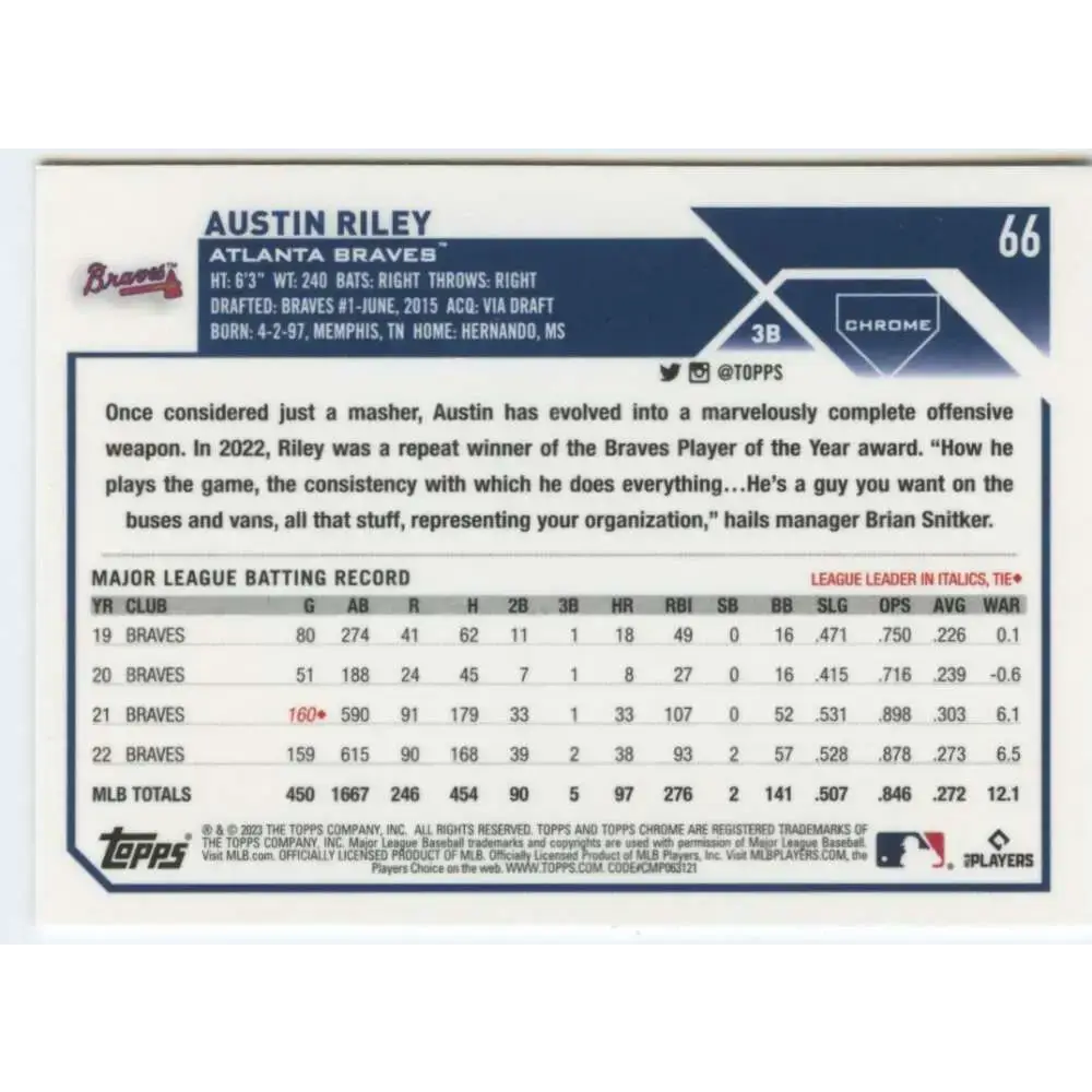 2023 Topps Chrome #66 Austin Riley NM-MT Atlanta Braves Baseball Card - Baseball Card Single