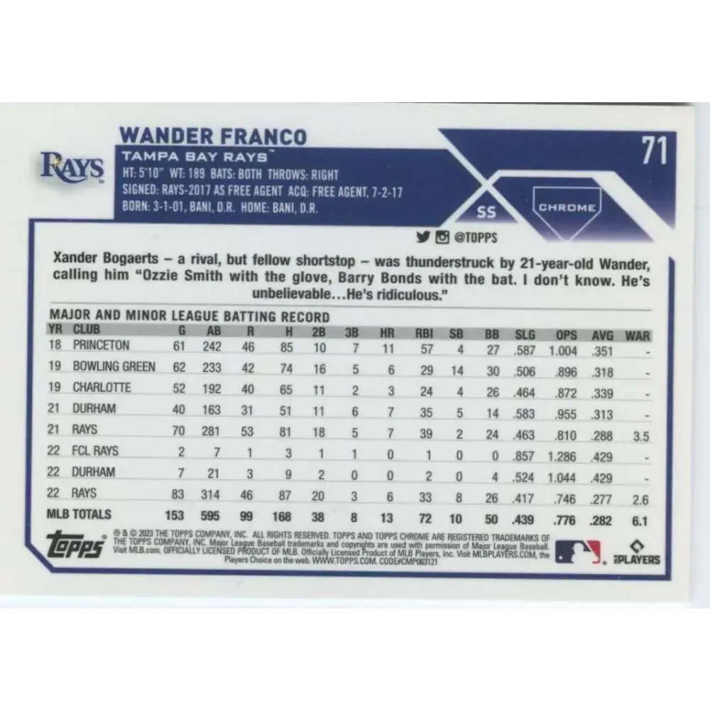 2023 Topps Chrome #71 Wander Franco NM-MT Tampa Bay Rays Baseball Card - Baseball Card Single