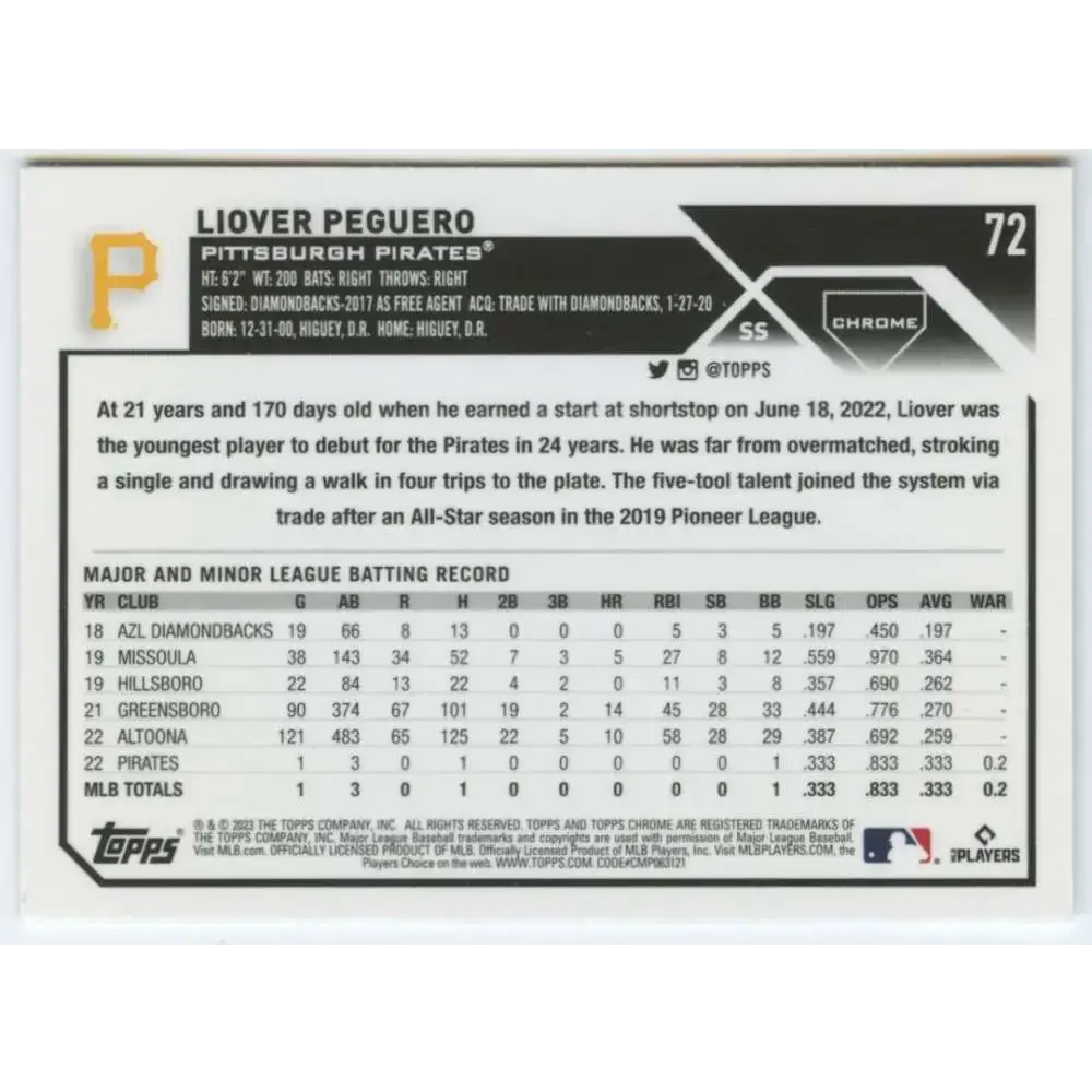 2023 Topps Chrome #72 Liover Peguero NM-MT RC Rookie Pittsburgh Pirates Baseball Card - Baseball Card Single