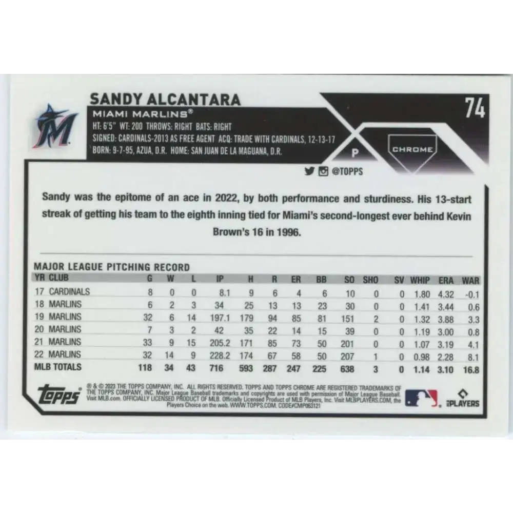 2023 Topps Chrome #74 Sandy Alcantara NM-MT Miami Marlins Baseball Card - Baseball Card Single