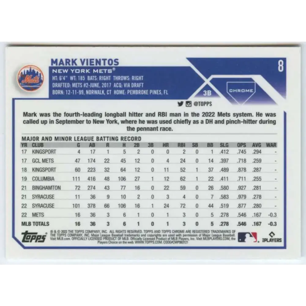 2023 Topps Chrome #8 Mark Vientos NM-MT RC Rookie New York Mets Baseball Card - Baseball Card Single