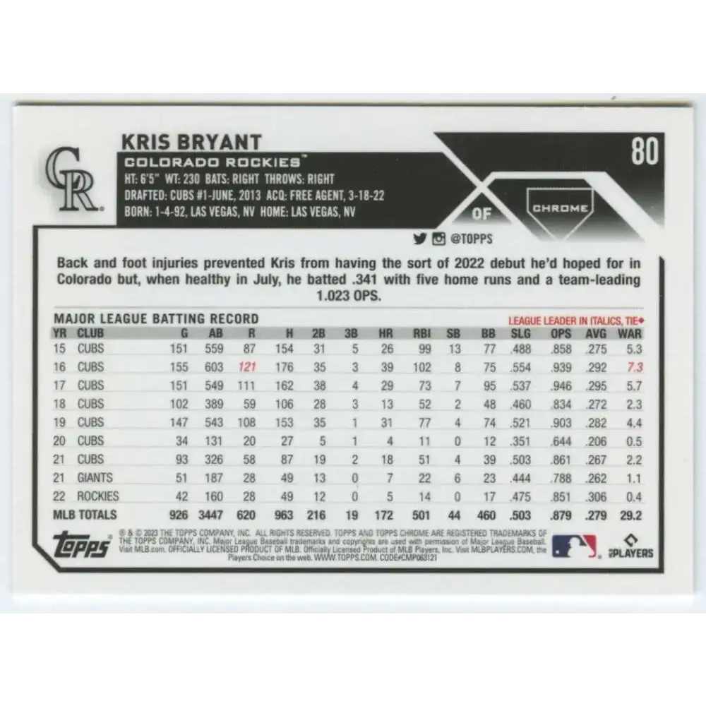 2023 Topps Chrome #80 Kris Bryant NM-MT Colorado Rockies Baseball Card - Baseball Card Single