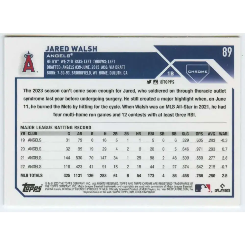 2023 Topps Chrome #89 Jared Walsh NM-MT Los Angeles Angels Baseball Card - Baseball Card Single