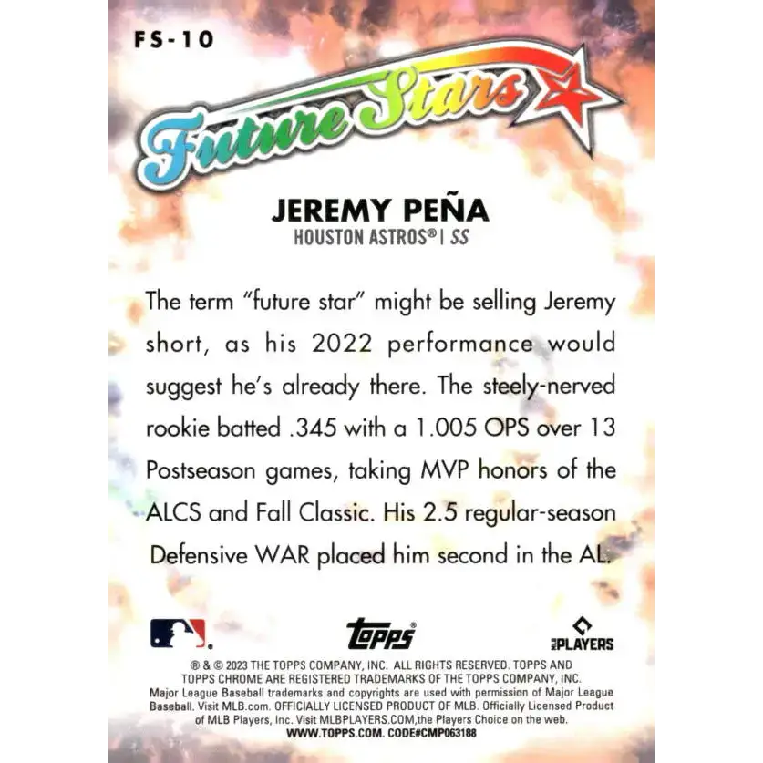 2023 Topps Chrome Future Stars Refractor #FS-10 Jeremy Pena NM-MT Houston Astros Baseball Card - Baseball Card Single