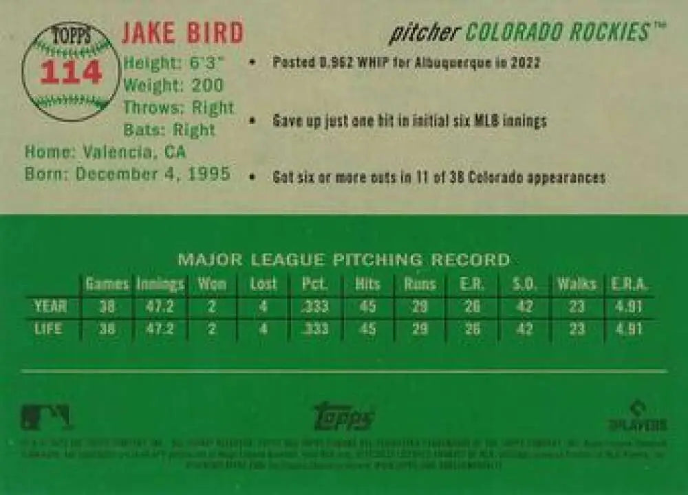 2023 Topps Chrome Platinum Anniversary #114 Jake Bird EX Excellent RC Rookie Colorado Rockies Baseball Card - Baseball