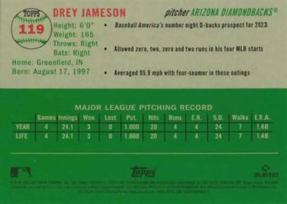 2023 Topps Chrome Platinum Anniversary #119 Drey Jameson EX Excellent RC Rookie Arizona Diamondbacks Baseball Card