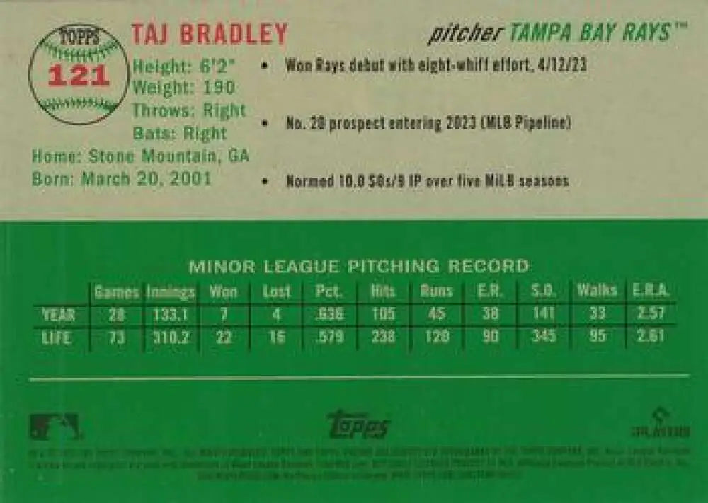 2023 Topps Chrome Platinum Anniversary #121 Taj Bradley EX Excellent RC Rookie Tampa Bay Rays Baseball Card - Baseball