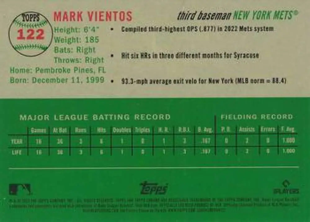 2023 Topps Chrome Platinum Anniversary #122 Mark Vientos EX Excellent RC Rookie New York Mets Baseball Card - Baseball