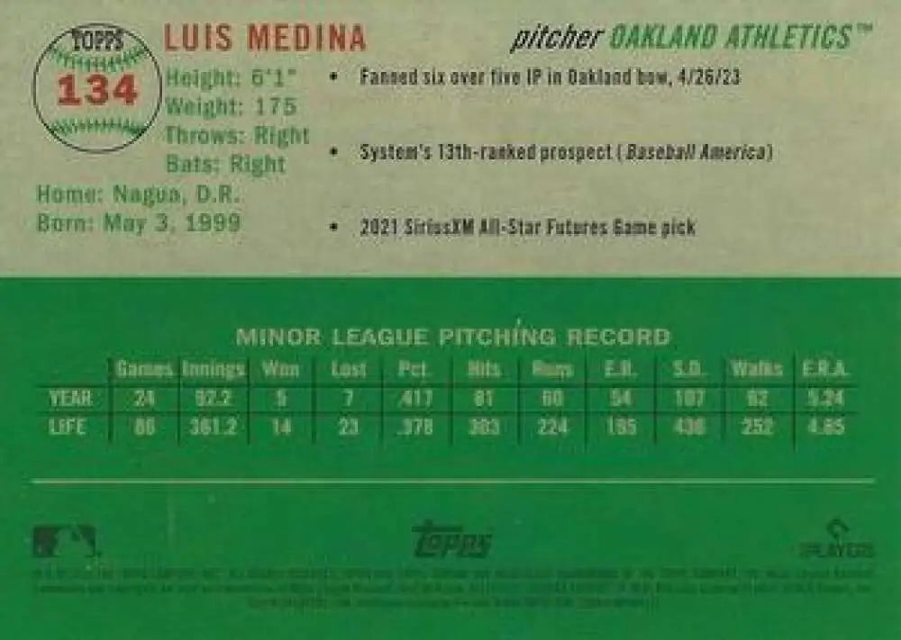 2023 Topps Chrome Platinum Anniversary #134 Luis Medina EX Excellent RC Rookie Oakland Athletics Baseball Card