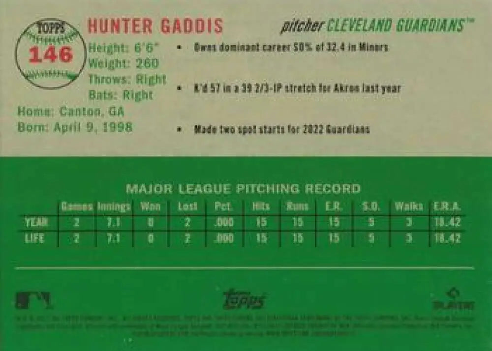 2023 Topps Chrome Platinum Anniversary #146 Hunter Gaddis EX Excellent RC Rookie Cleveland Guardians Baseball Card