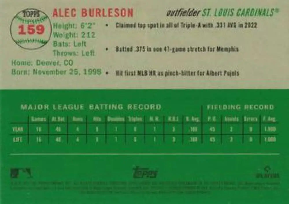 2023 Topps Chrome Platinum Anniversary #159 Alec Burleson EX Excellent RC Rookie St. Louis Cardinals Baseball Card