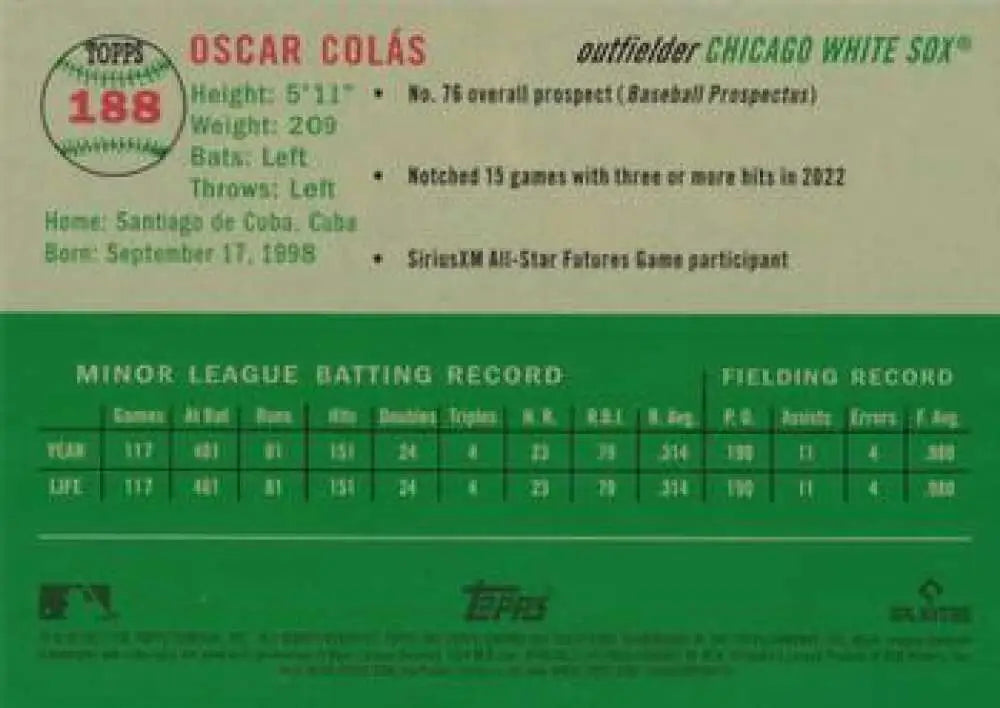 2023 Topps Chrome Platinum Anniversary #188 Oscar Colas EX Excellent RC Rookie Chicago White Sox Baseball Card