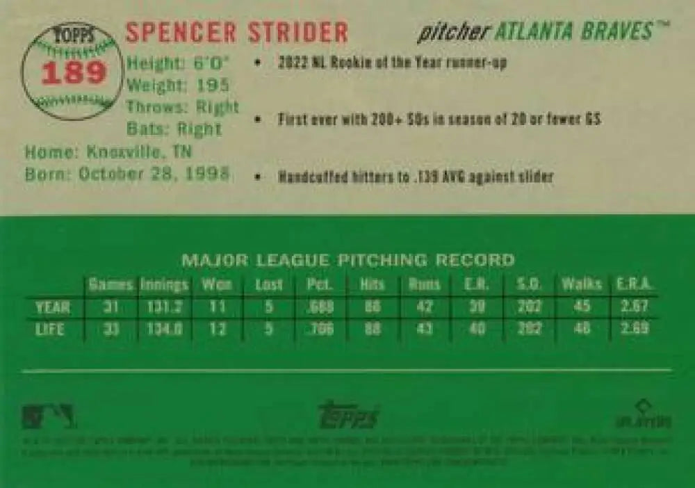 2023 Topps Chrome Platinum Anniversary #189 Spencer Strider EX Excellent Atlanta Braves Baseball Card - Baseball Card