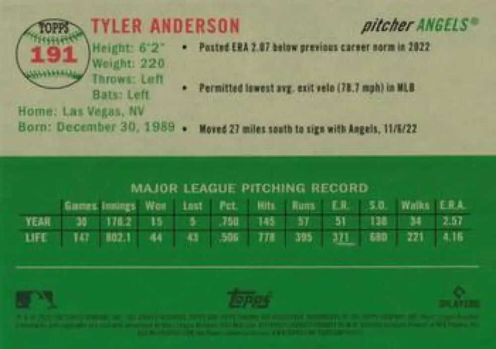 2023 Topps Chrome Platinum Anniversary #191 Tyler Anderson EX Excellent Los Angeles Angels Baseball Card - Baseball