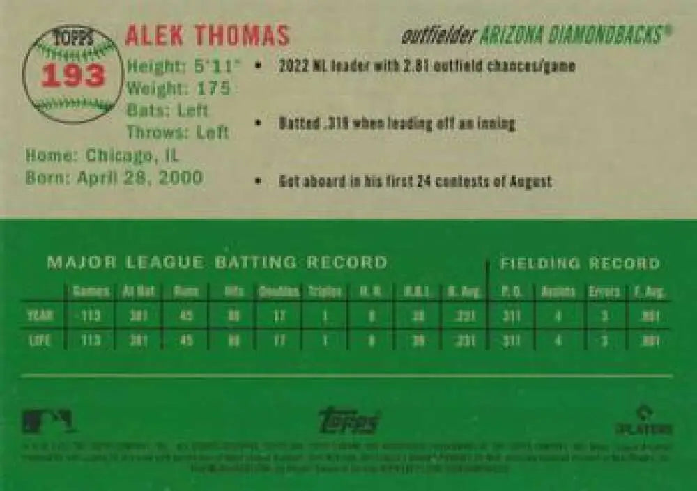 2023 Topps Chrome Platinum Anniversary #193 Alek Thomas EX Excellent Arizona Diamondbacks Baseball Card - Baseball Card