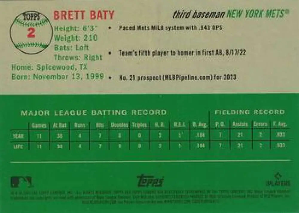 2023 Topps Chrome Platinum Anniversary #2 Brett Baty EX Excellent RC Rookie New York Mets Baseball Card - Baseball Card