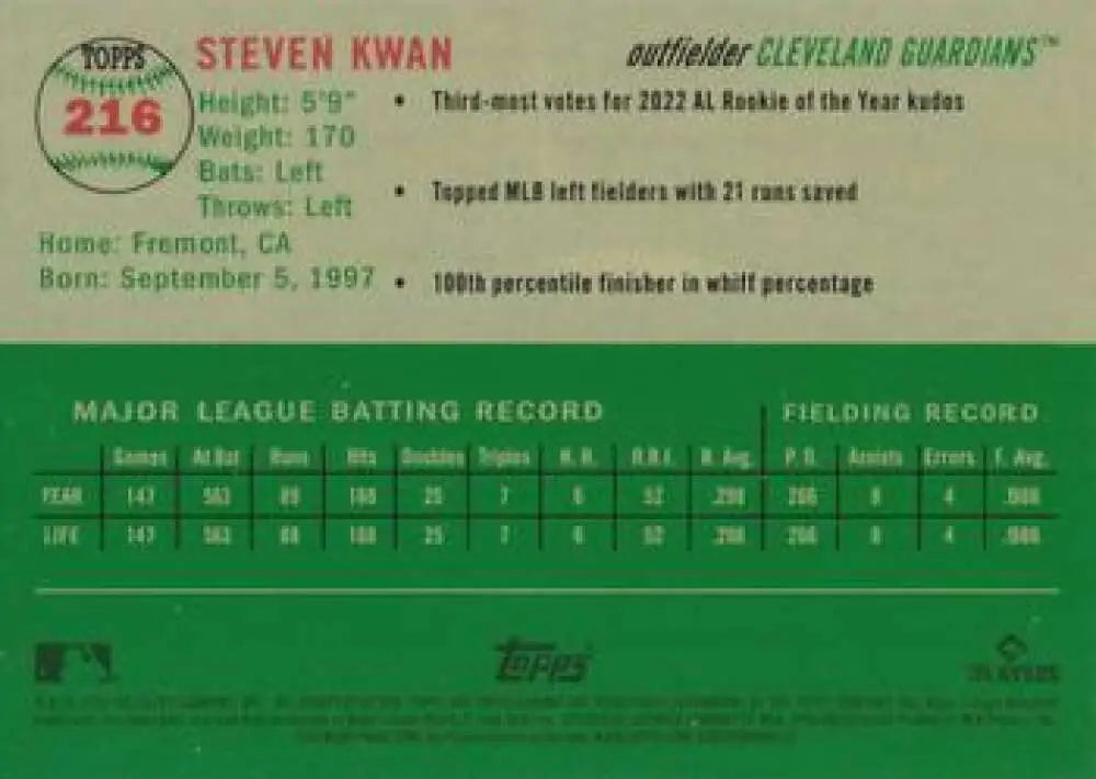 2023 Topps Chrome Platinum Anniversary #216 Steven Kwan EX Excellent Cleveland Guardians Baseball Card - Baseball Card