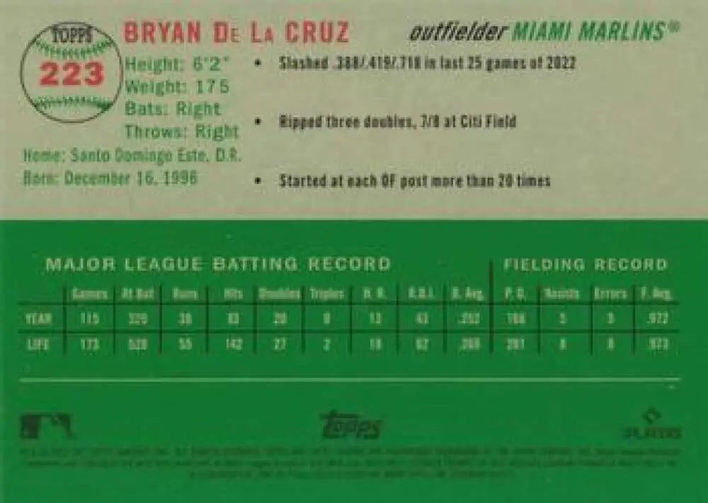 2023 Topps Chrome Platinum Anniversary #223 Bryan De La Cruz EX Excellent Miami Marlins Baseball Card - Baseball Card