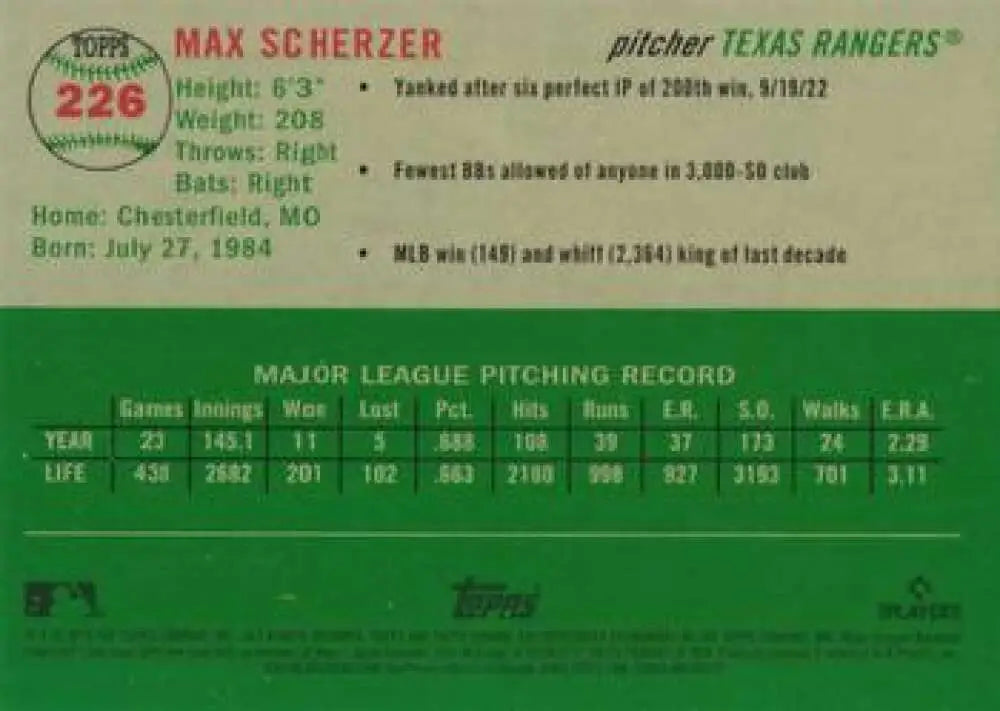 2023 Topps Chrome Platinum Anniversary #226 Max Scherzer EX Excellent Texas Rangers Baseball Card - Baseball Card Single