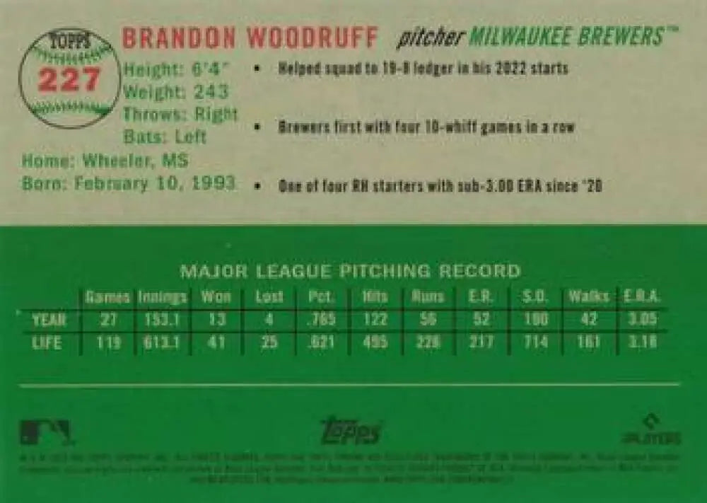 2023 Topps Chrome Platinum Anniversary #227 Brandon Woodruff EX Excellent Milwaukee Brewers Baseball Card - Baseball