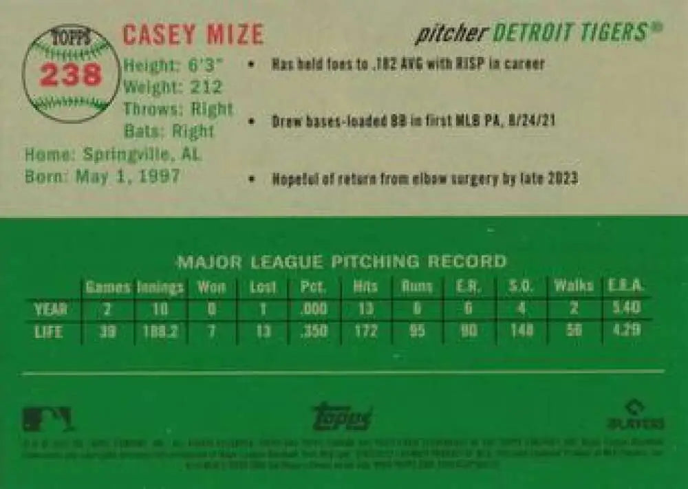 2023 Topps Chrome Platinum Anniversary #238 Casey Mize EX Excellent Detroit Tigers Baseball Card - Baseball Card Single