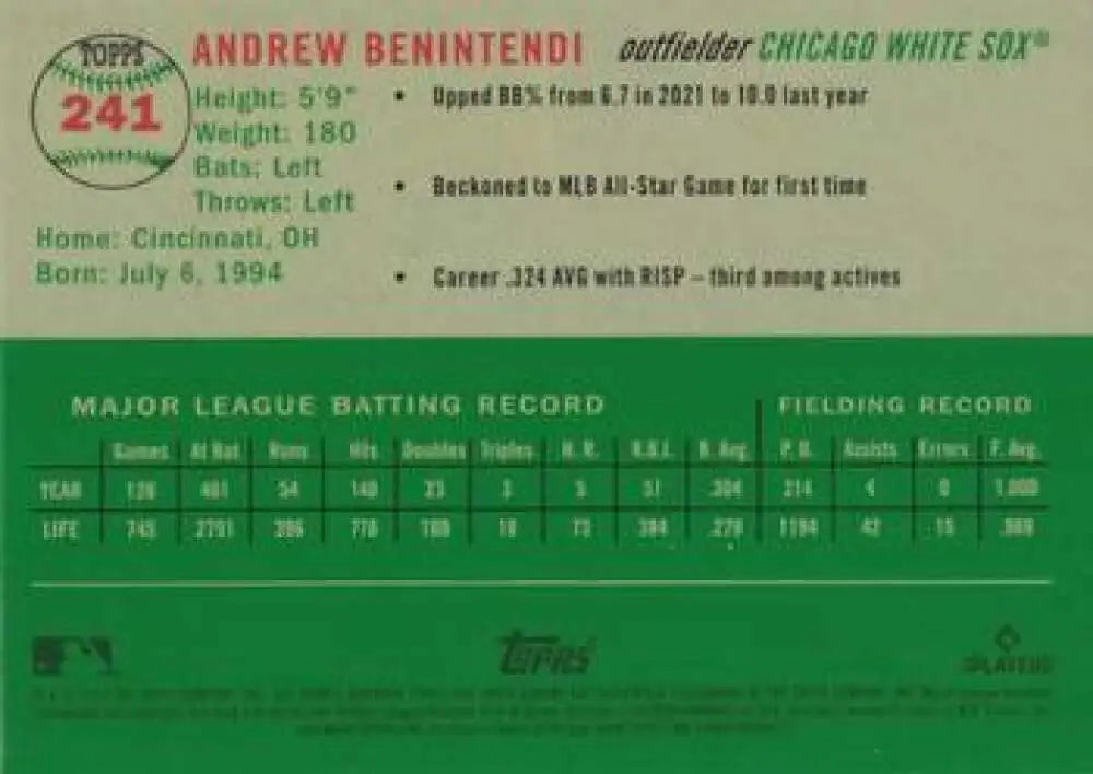 2023 Topps Chrome Platinum Anniversary #241 Andrew Benintendi EX Excellent Chicago White Sox Baseball Card - Baseball