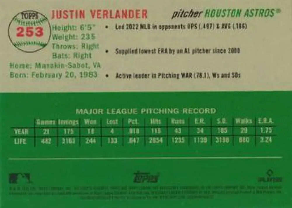 2023 Topps Chrome Platinum Anniversary #253 Justin Verlander EX Excellent Houston Astros Baseball Card - Baseball Card