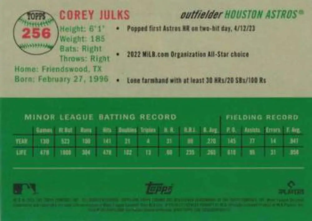 2023 Topps Chrome Platinum Anniversary #256 Corey Julks EX Excellent RC Rookie Houston Astros Baseball Card - Baseball