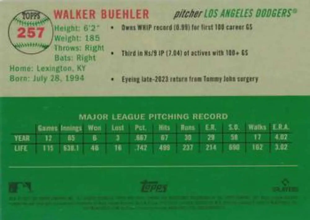 2023 Topps Chrome Platinum Anniversary #257 Walker Buehler EX Excellent Los Angeles Dodgers Baseball Card - Baseball