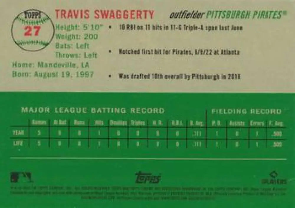 2023 Topps Chrome Platinum Anniversary #27 Travis Swaggerty EX Excellent RC Rookie Pittsburgh Pirates Baseball Card