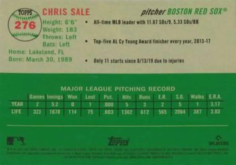 2023 Topps Chrome Platinum Anniversary #276 Chris Sale EX Excellent Boston Red Sox Baseball Card - Baseball Card Single