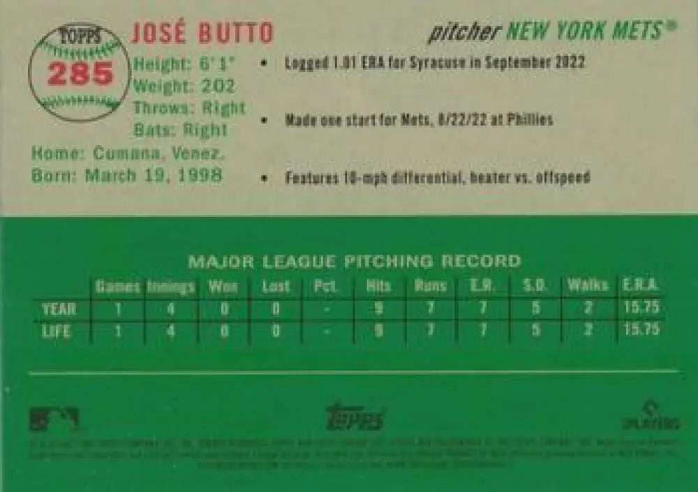 2023 Topps Chrome Platinum Anniversary #285 Jose Butto EX Excellent RC Rookie New York Mets Baseball Card - Baseball