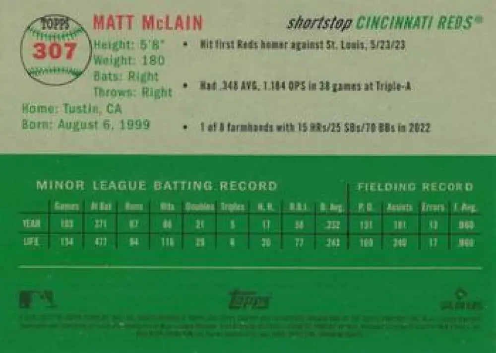 2023 Topps Chrome Platinum Anniversary #307 Matt McLain EX Excellent RC Rookie Cincinnati Reds Baseball Card - Baseball
