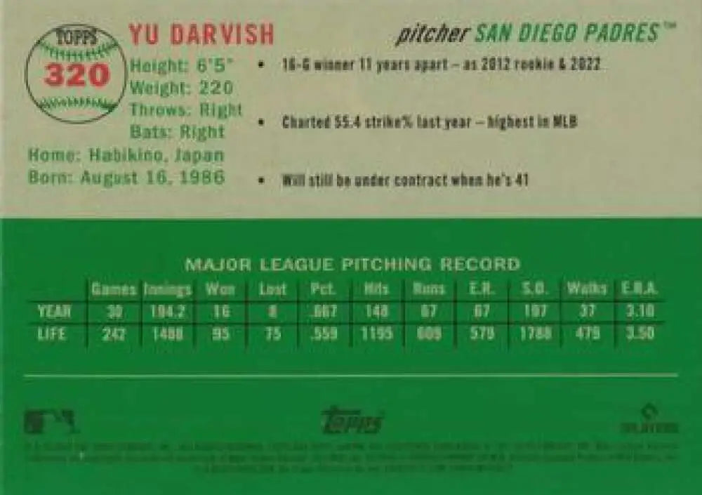2023 Topps Chrome Platinum Anniversary #320 Yu Darvish EX Excellent San Diego Padres Baseball Card - Baseball Card