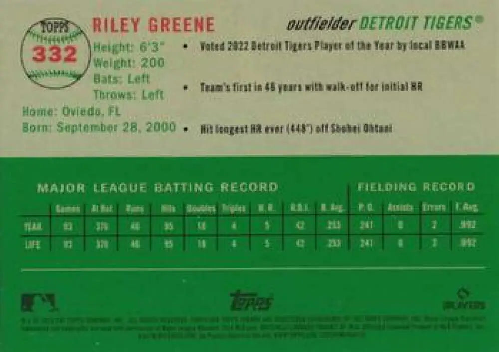 2023 Topps Chrome Platinum Anniversary #332 Riley Greene EX Excellent RC Rookie Detroit Tigers Baseball Card - Baseball