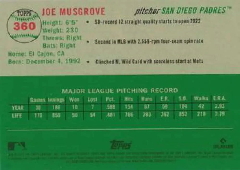 2023 Topps Chrome Platinum Anniversary #360 Joe Musgrove EX Excellent San Diego Padres Baseball Card - Baseball Card